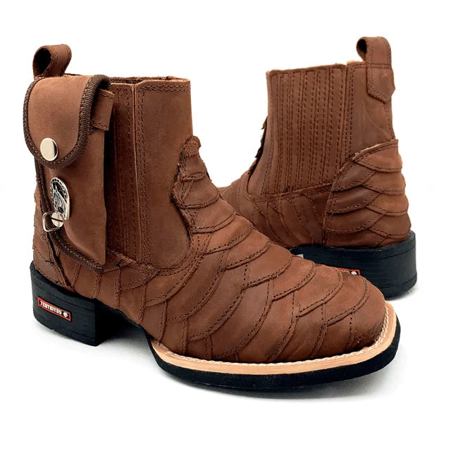 Botina Canivete Escamada - Couro Crazy Horse Nescau | Conjunto de Retalhos Costurados