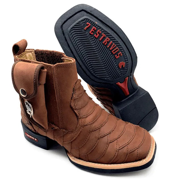 Botina Canivete Escamada - Couro Crazy Horse Nescau | Conjunto de Retalhos Costurados - Imagem 2