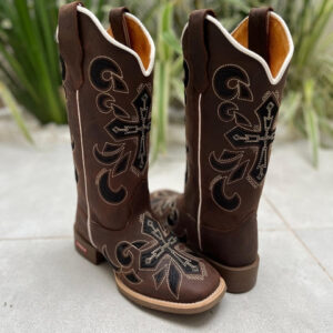BOTA TEXANA BORDADO CRUZ PRETA COURO MARROM