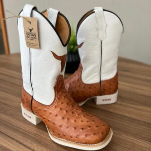 Texana Lucca - Couro Floatter Branco e Avestruz/Bordado Touro