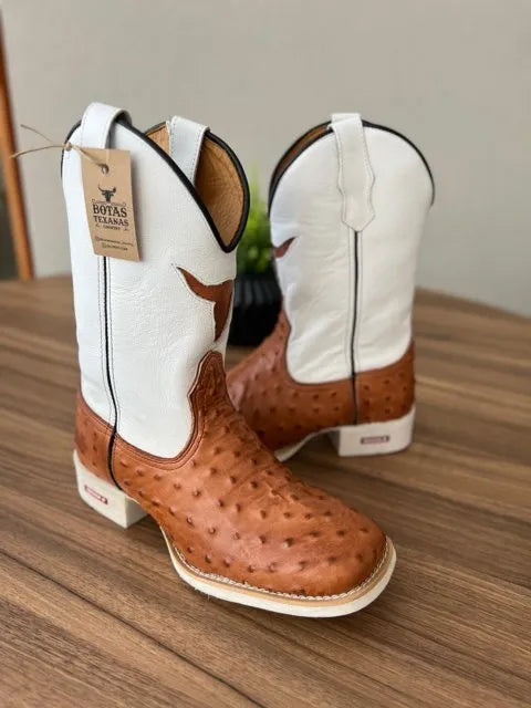 Texana Lucca - Couro Floatter Branco e Avestruz/Bordado Touro