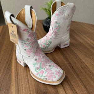 Texana Maitê Capota - Couro Floatter Branco/Bordado Florência Rosa e Verde