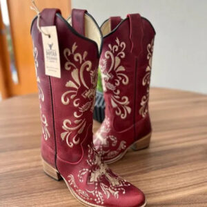 Texana Isabela Bico Fino - Couro Vermelho/Cruz marrom e Bege