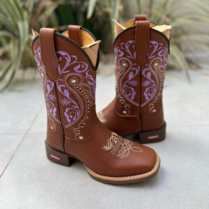 BOTA TEXANA TRIBAL LILÁS FLORÃO BEGE COURO MARROM