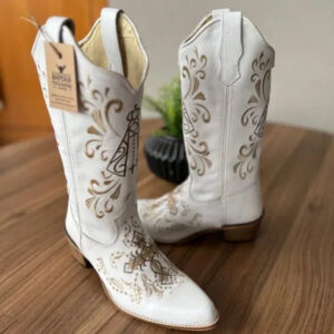 Texana Maria - Couro Floatter Branco/Bordados Padroeira Marrom e Bege