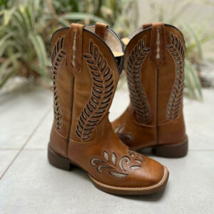 BOTA TEXANA LASER RAMOS COM GLITTER DOURADO COURO MARROM CLARO