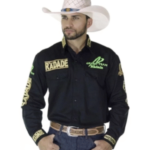 Camisa Country Masculina Radade Bordada Green Preto + Adesivo De Brinde