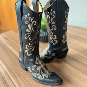 Texana Maria Bico Fino - Couro Látego Preto/Bordados Padroeira Marrom e Bege