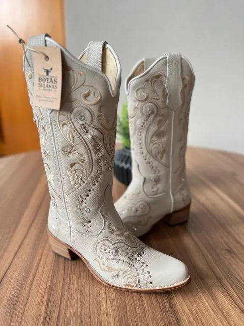 Texana Alice Bico Fino - Couro Off-White/Tribal Bege com Metais