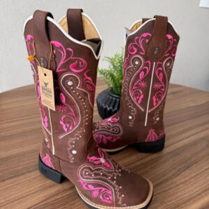 Texana Alice - Couro Horse Nescau/Bordado Tribal Rosa com Padroeira