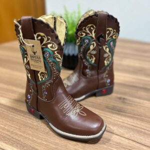 Texana Alice Infantil - Couro Látego Marrom/Bordado Tribal Verde e Bege com Trice