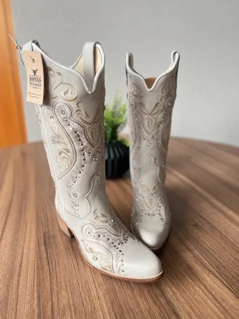 Texana Alice Bico Fino - Couro Off-White/Tribal Bege com Metais - Imagem 2