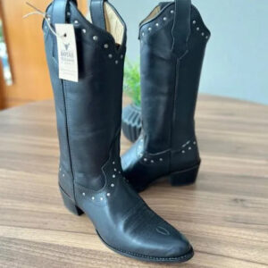 Texana Marina Bico Fino - Couro Látego Preto/Sem Bordado All-Black com Metais