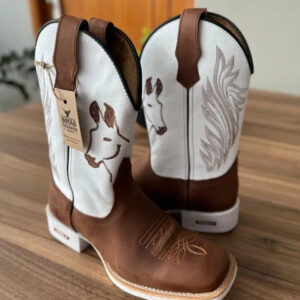 Texana Geovani  - Couro Floatter Branco e Horse Nescau/ Bordado Mulas Marrom