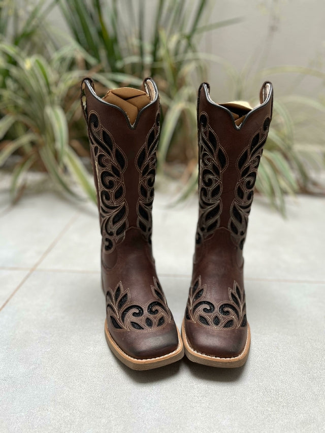 BOTA TEXANA LASER RAMOS GLITTER PRETO COURO MARROM - Imagem 2