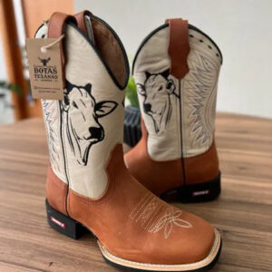 Kit Texana Caio + Faca - Couro Off-White e Horse Telha/ Bordado Boi Preto