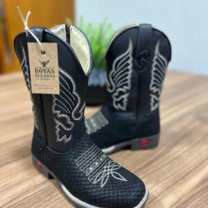 Texana Gael Infantil - Couro Látego e Tilápia Preto/Bordado Asas Bege