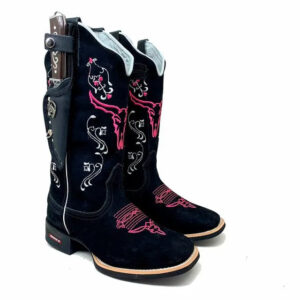 BotaFaca Cara de Touro 2.0
                                    - Couro Nobuck Preto | Bordados Rosa e Branco
