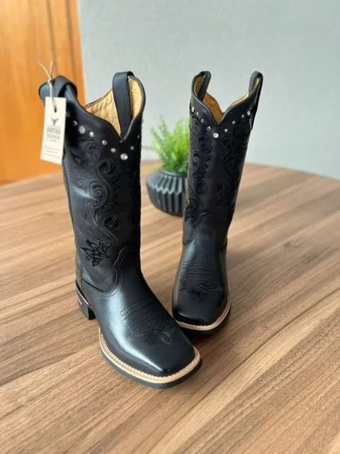 Texana Jessica - Couro Látego Preto/Bordado Ramos Preto com Metais - Imagem 2