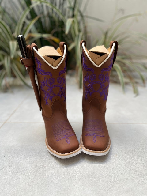 KIT TEXANA BORDADO FLORES ROXAS COURO MARROM + BAINHA + FACA - Imagem 2