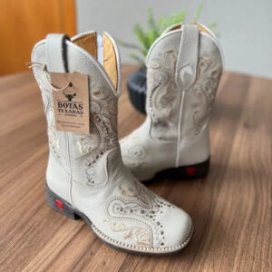 Texana Alice Infantil - Couro Off-White/Bordado Tribal Bege