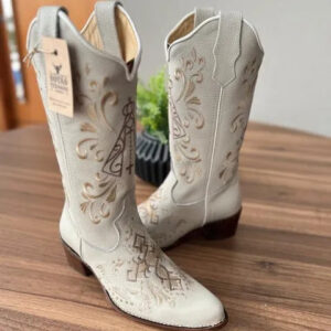 Texana Maria Bico Fino - Couro Off-White/Bordado Padroeira Marrom e Bege