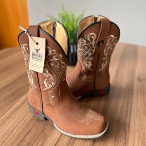 Texana Alice Infantil - Couro Horse Nescau/Bordado Tribal Bege