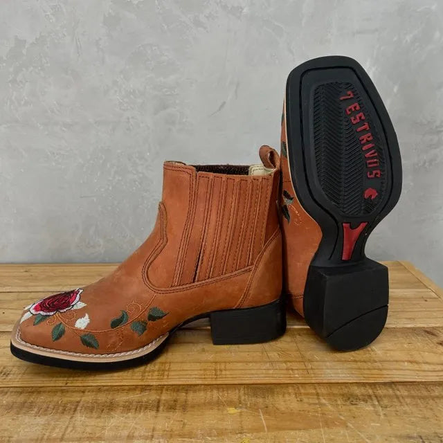 BotinaCanivete Amanda - Couro Crazy Horse Telha | Bordado Flores - Imagem 3