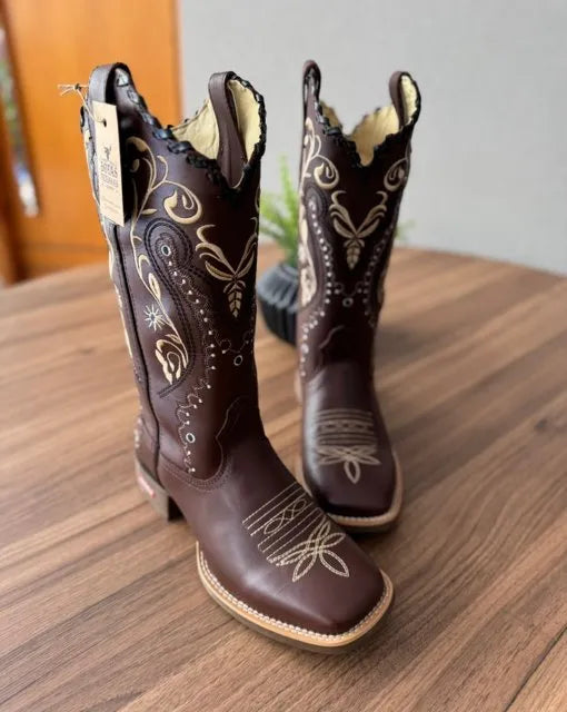 Texana Alice - Couro Látego Marrom/ Bordado Tribal Bege e Preto - Imagem 2