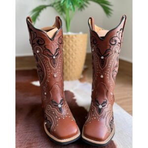 Bota Texana - Couro Látego Bordado Florência Preto e Bege Com Strass