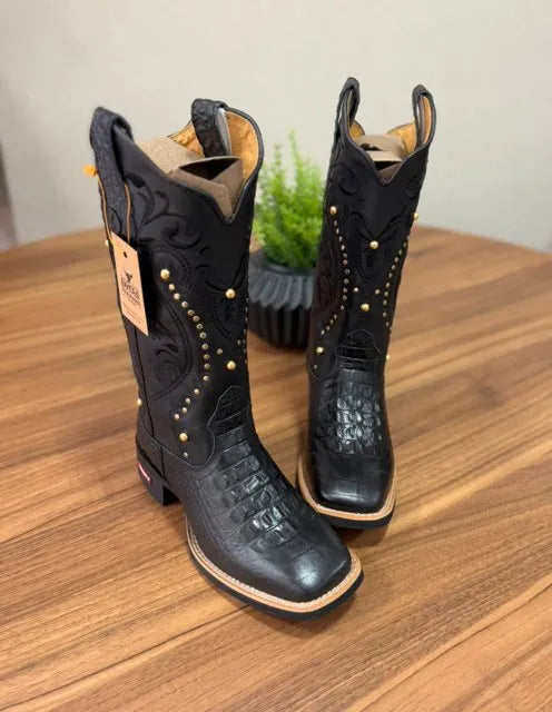 Texana Alice - Couro Látego Preto e Jacaré/Bordado Tribal Preto e Metais Dourados - Imagem 2