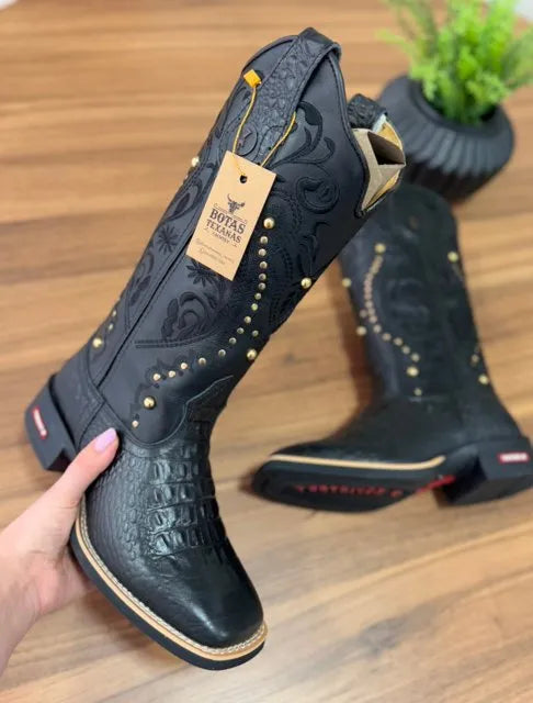 Texana Alice - Couro Látego Preto e Jacaré/Bordado Tribal Preto e Metais Dourados - Imagem 3