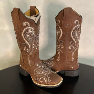 BOTA TEXANA LASER TRIBAL GLITTER ROSA BEBÊ COM STRASS COURO MARROM