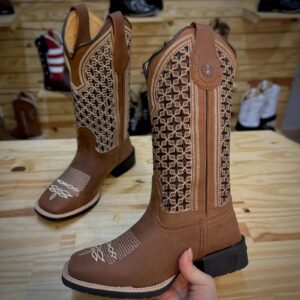 Texana Ouro Cano Feminino - Couro Crazy Horse Nescau | Glitter Preto | Bordado Bege e Preto