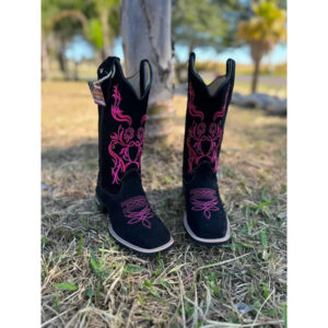 BOTA TEXANA EM COURO NOBUCK PRETO BORDADO FLORES E RAMOS ROSA