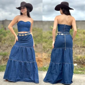 Conjunto Jeans Cowgirl Saia Longa e Cropped