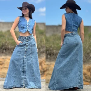 Conjunto Cowgirl Chic Jeans Saia Longa e Colete